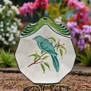 Vintage Italian Majolica Hand Painted Bird Dish Ceramic Trinket Bowl Italy